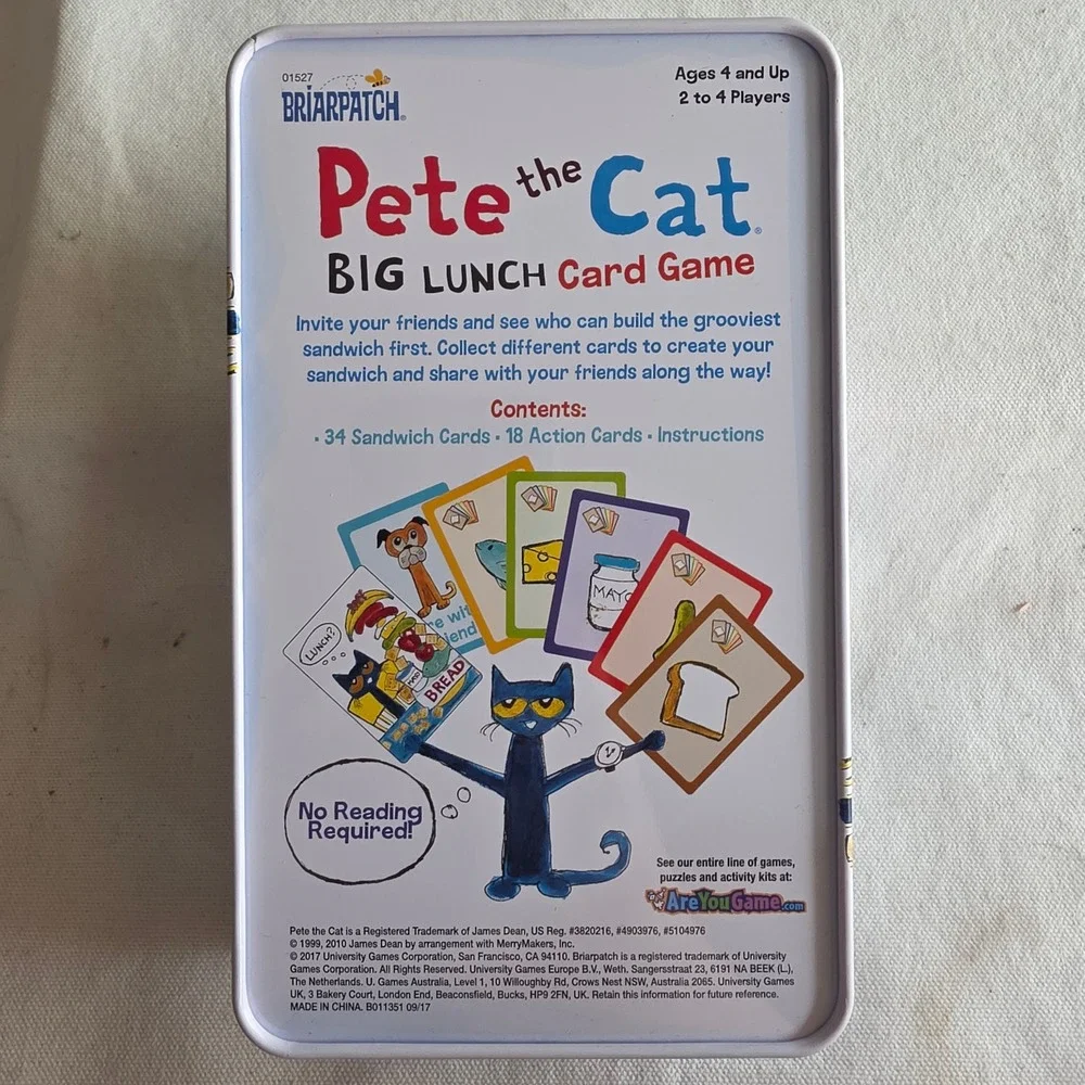 Pete the Cat Game Lot of 2:  Big Lunch Card Game Tin & I Love My Buttons Game